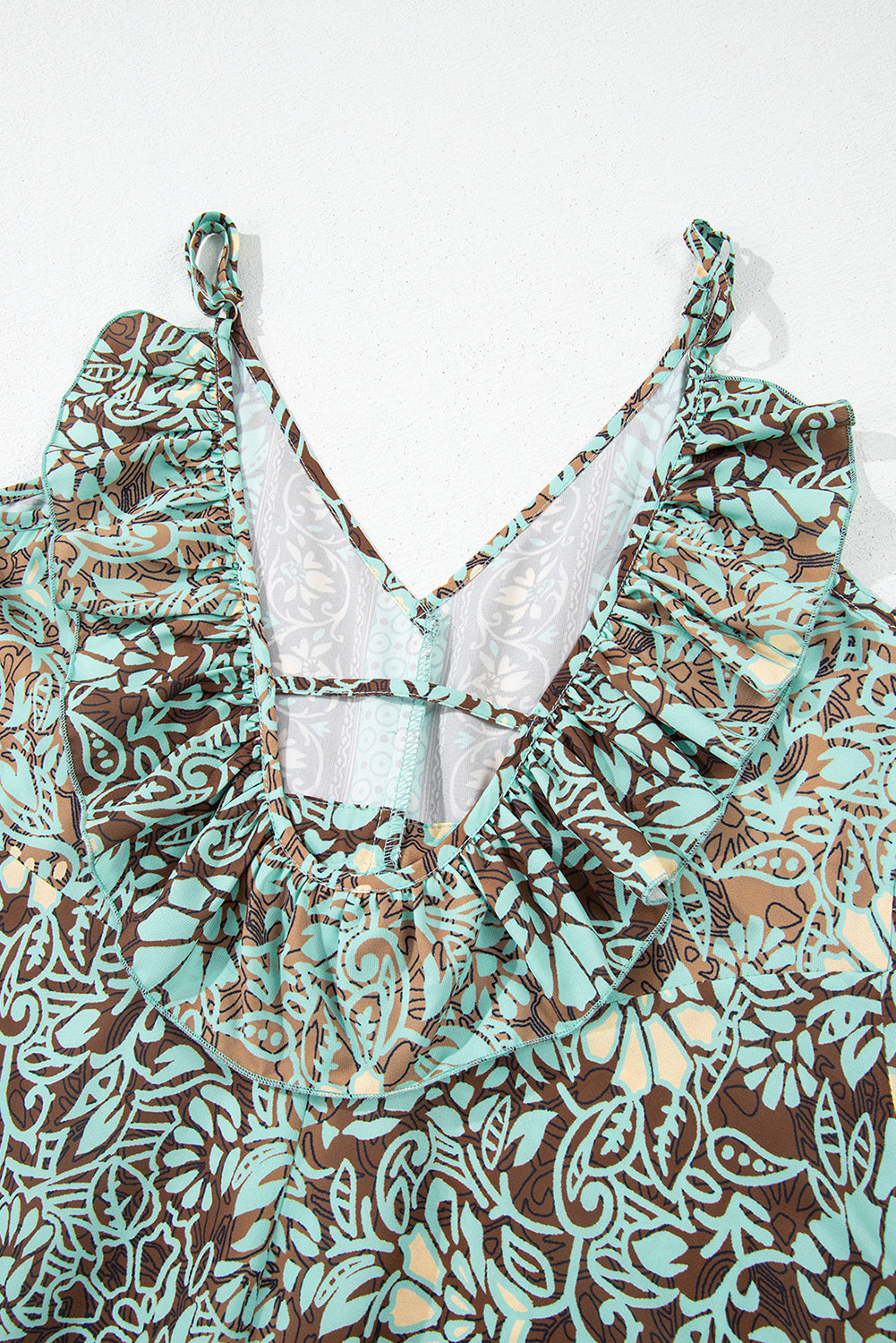 Green Floral Print V Neck Ruffled Trim Backless Tassel Waist Maxi Dress Floral Dresses JT's Designer Fashion