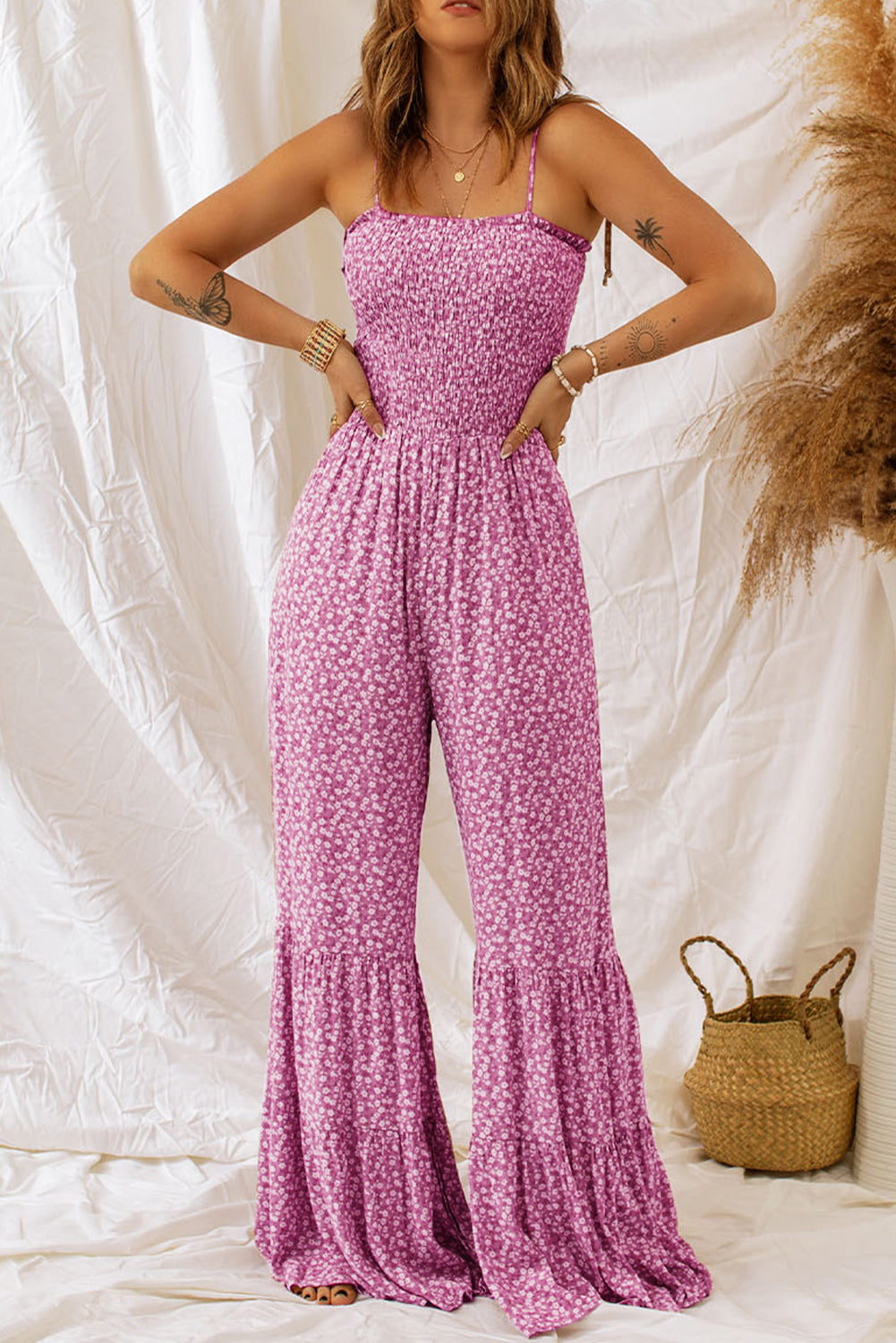 Phalaenopsis Thin Straps Smocked Bodice Wide Leg Floral Jumpsuit Bottoms JT's Designer Fashion