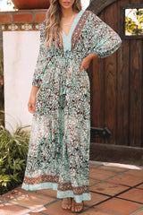 Green Boho Floral Print Lace-up Open Back High Waist Maxi Dress Floral Dresses JT's Designer Fashion