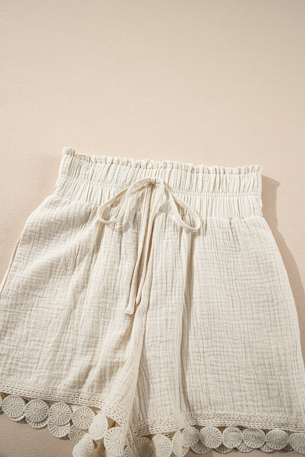 Apricot Textured Frilled Knotted High Waist Lace Hem Shorts Casual Shorts JT's Designer Fashion