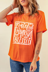 Orange Grateful Thankful Blessed Printed Thanksgiving T Shirt Graphic Tees JT's Designer Fashion