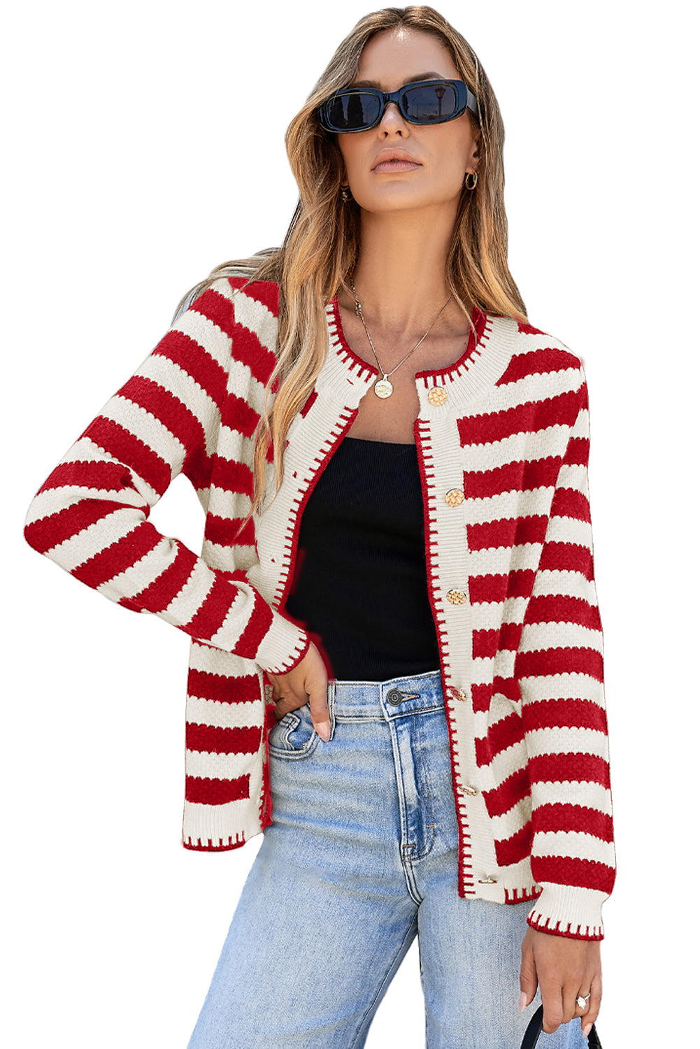 Red Stripe Chic Golden Button Cardigan Sweater Cardigans JT's Designer Fashion