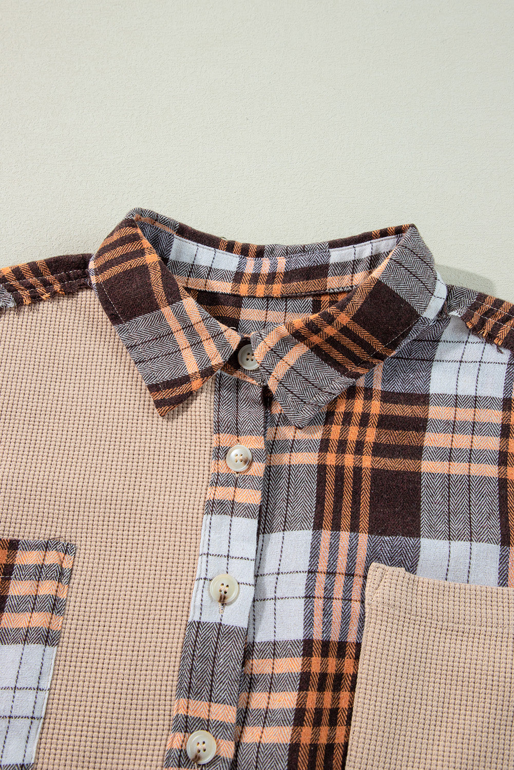 Khaki Thermal Knit Plaid Patchwork Shacket Plaid Shackets JT's Designer Fashion
