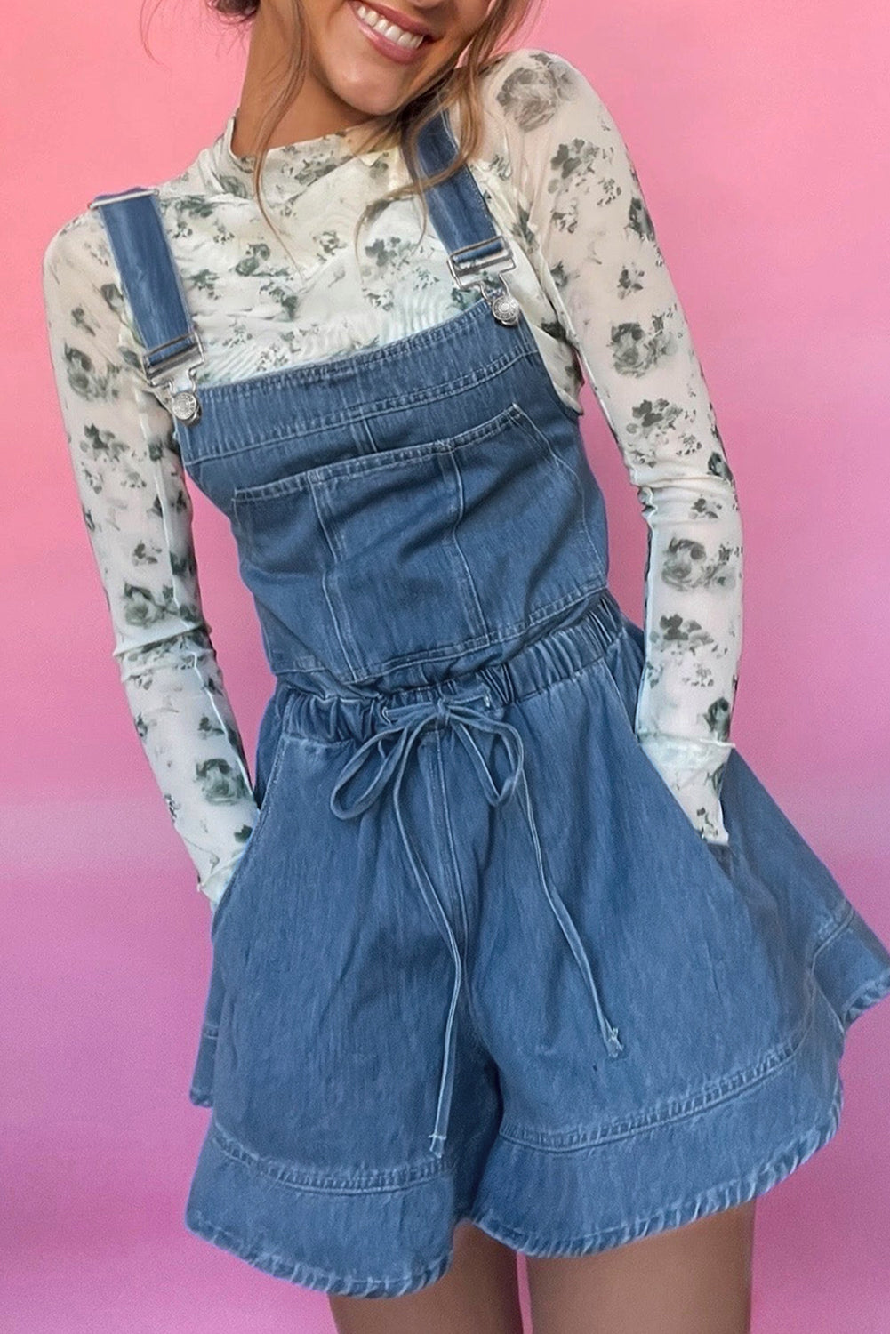 Sky Blue Buckle Straps Bib Style Drawstring Tied Backless Flared Denim Romper Sky Blue 82%Cotton+10%Polyester+8%Viscose Jumpsuits & Rompers JT's Designer Fashion