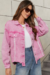 Pink Lace Patchwork Distressed Buttoned Denim Jacket Denim Jackets JT's Designer Fashion