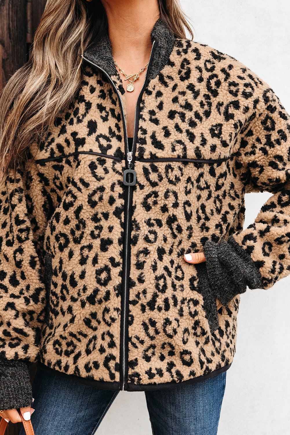 Khaki Leopard Print Zip Up Stand Neck Side Pocket Jacket Jackets JT's Designer Fashion