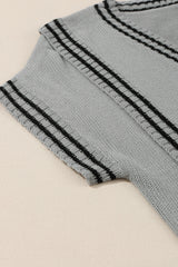 Gray V Neck Contrast Stripes Trims Short Sleeve Sweater Sweaters & Cardigans JT's Designer Fashion