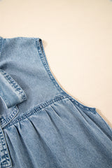 Real Teal Bowknot Neck Sleeveless Ruffled Chambray Dress Mini Dresses JT's Designer Fashion