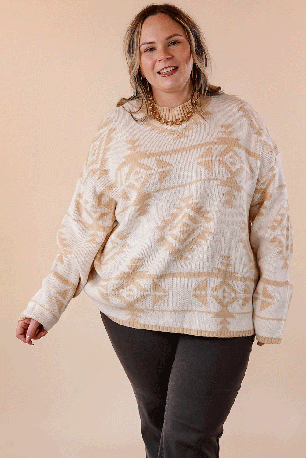 Apricot Plus Size Western Aztec Print Loose Sweater Plus Size Sweaters & Cardigans JT's Designer Fashion