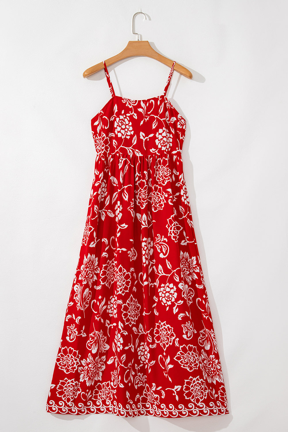 Red Floral Printed Spaghetti Strap Empire Waist Maxi Dress Floral Dresses JT's Designer Fashion
