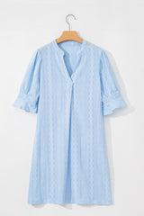 Beau Blue Jacquard Texture Flared Short Sleeve Notched Neck Mini Dress Mini Dresses JT's Designer Fashion