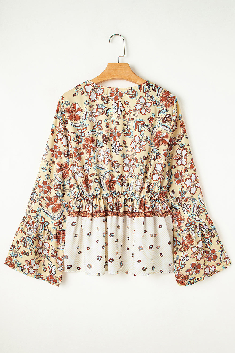 Yellow Printed Floral Bell Sleeve V Neck Wrapped Contrast Peplum Blouse Blouses & Shirts JT's Designer Fashion