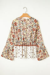 Yellow Printed Floral Bell Sleeve V Neck Wrapped Contrast Peplum Blouse Blouses & Shirts JT's Designer Fashion