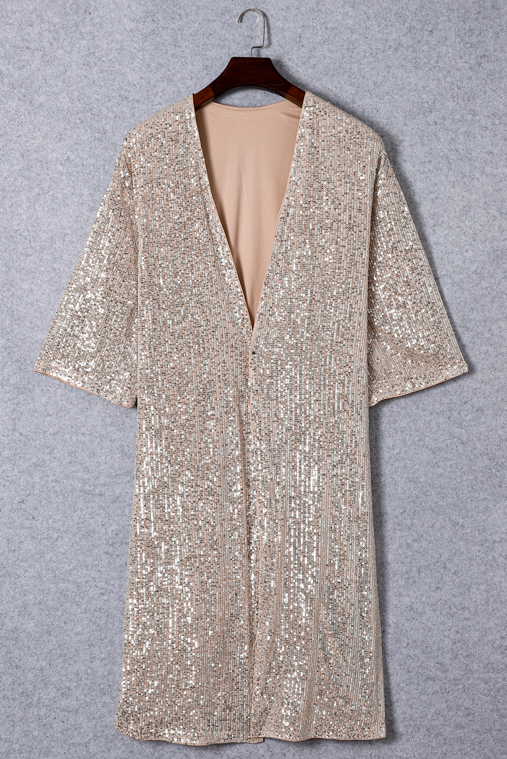 Apricot Sequin 3/4 Sleeve Open Front Duster Kimono Kimonos JT's Designer Fashion