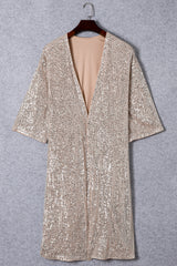 Apricot Sequin 3/4 Sleeve Open Front Duster Kimono Kimonos JT's Designer Fashion