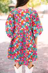 Sky Blue Floral Print Tie Split Neck Bubble Sleeve Babydoll Dress Floral Dresses JT's Designer Fashion