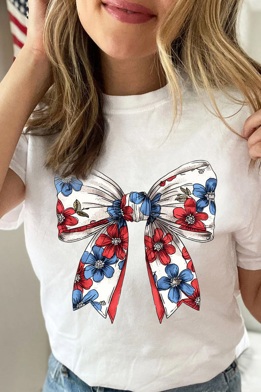 White July 4th Flower Bowknot Print Crew Neck T Shirt Graphic Tees JT's Designer Fashion