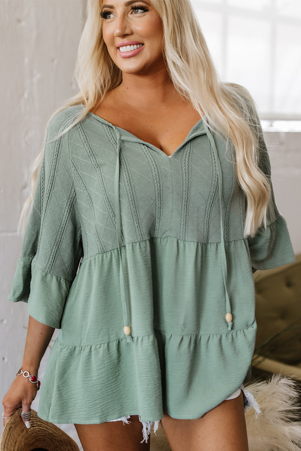 Laurel Green Tie Split Neck Textured Ruffle Patchwork Blouse Blouses & Shirts JT's Designer Fashion