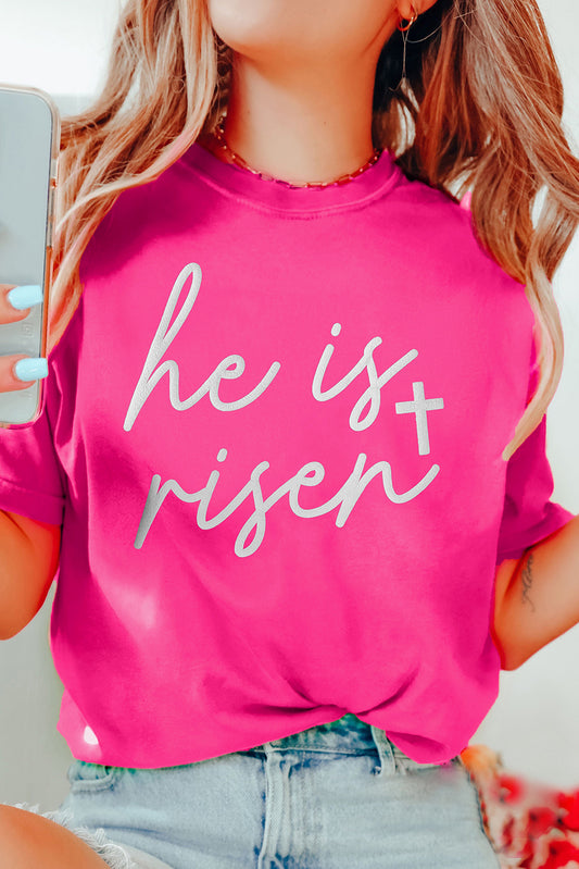 Rose Red Glitter he is risen Cross Printed Crewneck Tee Graphic Tees JT's Designer Fashion