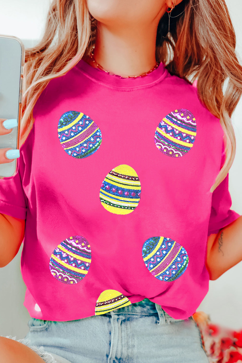 Rose Red Sequin Easter Egg Graphic Casual T Shirt Graphic Tees JT's Designer Fashion