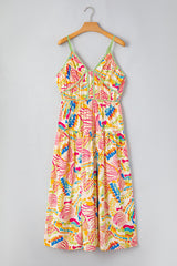 Orange Abstract Print Spaghetti Strap Piping Detail Long Dres Maxi Dresses JT's Designer Fashion