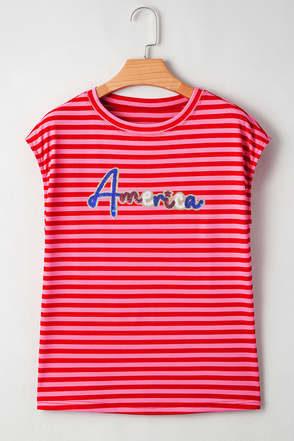 Red Stripe Sequin America Letter Patched Cap Sleeve Top Graphic Tees JT's Designer Fashion