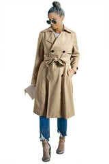 Pale Khaki Solid Color Lapel Collar Waist Tie Wind Coat Coats JT's Designer Fashion