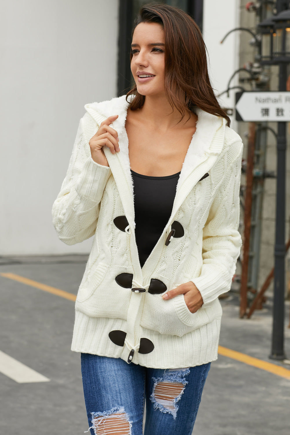 White Fur Hood Horn Button Sweater Cardigan Sweaters & Cardigans JT's Designer Fashion