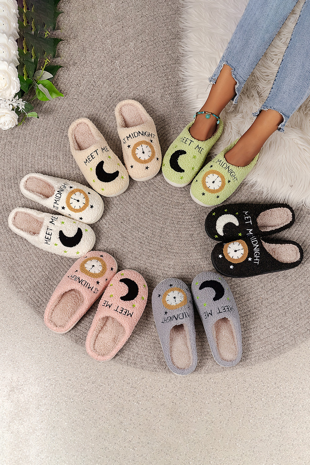 Light Pink Moon & Clock Pattern Fuzzy Home Slippers Slippers JT's Designer Fashion