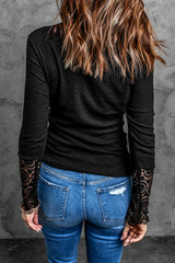 Black Crochet Lace Hem Sleeve Button Top Long Sleeve Tops JT's Designer Fashion