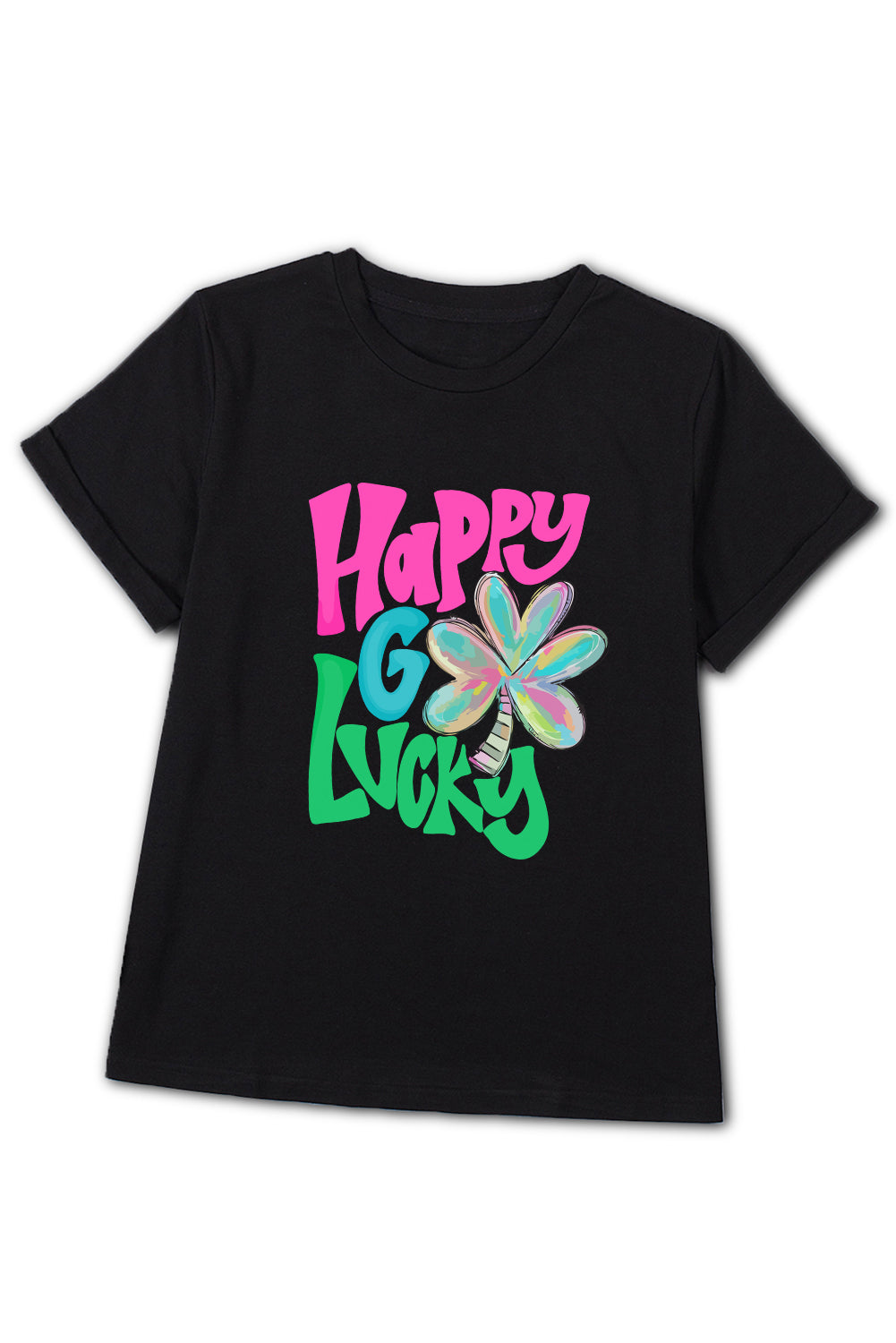 Black Happy GO Lucky Clover Print Crew Neck T Shirt Graphic Tees JT's Designer Fashion