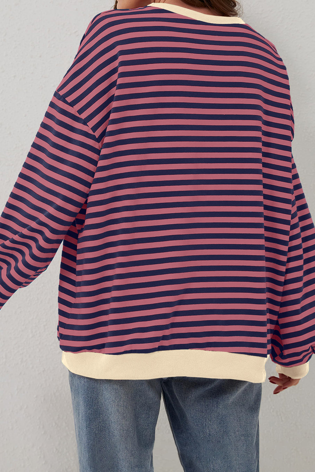 Red Stripe Oversized Contrast Trim Pullover Sweatshirt Sweatshirts & Hoodies JT's Designer Fashion