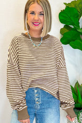 Brown Stripe Loose Drop Shoulder Long Sleeve Top Long Sleeve Tops JT's Designer Fashion