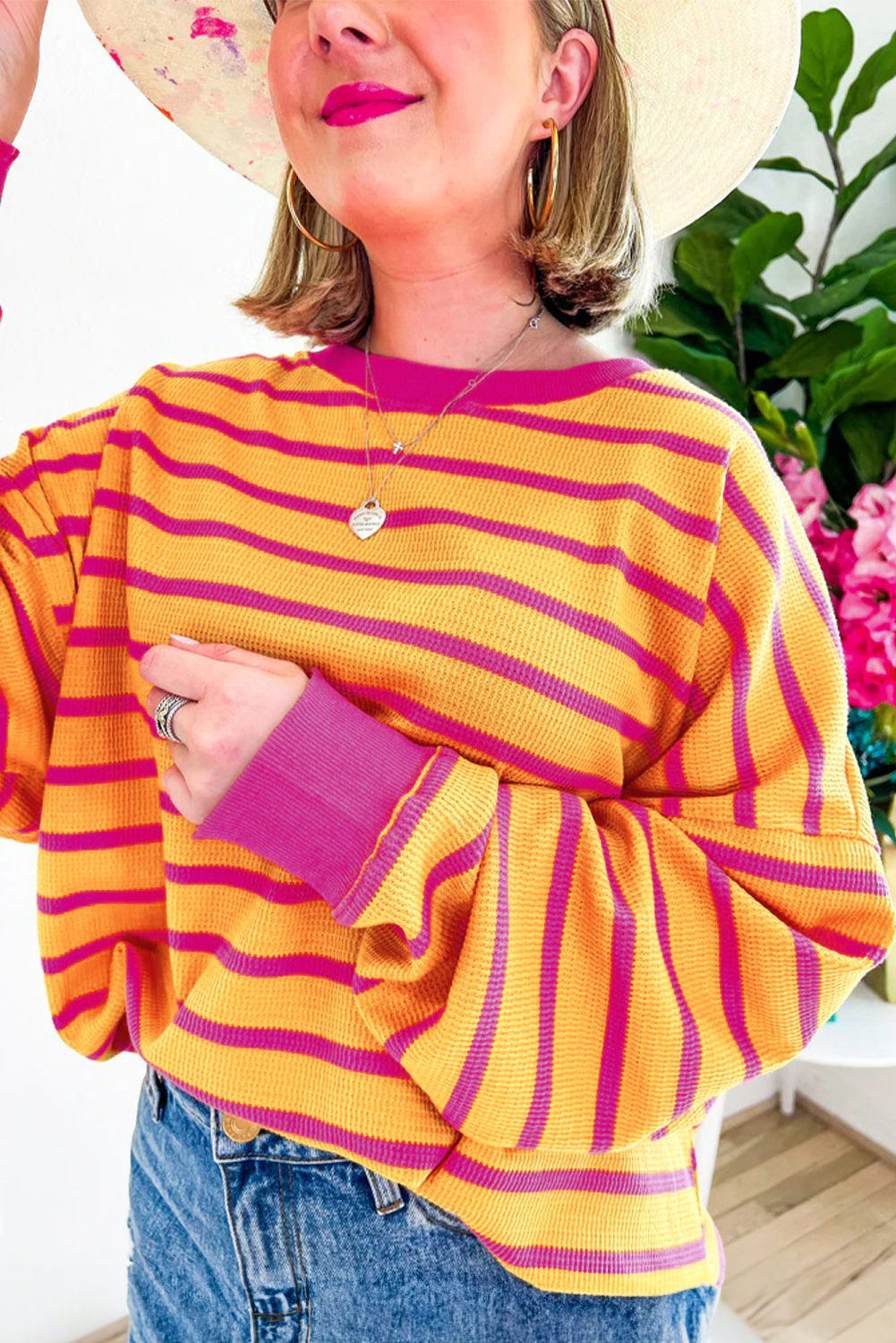 Orange Stripe Trimmed Round Neck Drop Shoulder Loose Sweater Sweaters JT's Designer Fashion