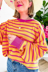 Orange Stripe Trimmed Round Neck Drop Shoulder Loose Sweater Sweaters JT's Designer Fashion