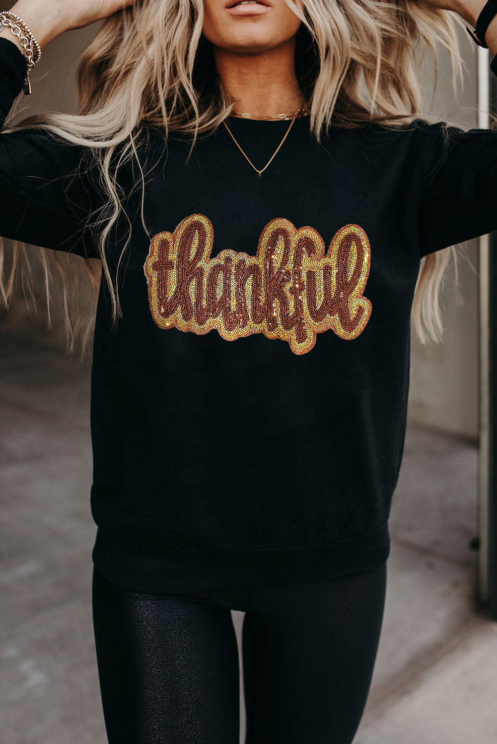 Black Glittering thankful Graphic Drop Shoulder Sweatshirt Black 50%Polyester+50%Cotton Graphic Sweatshirts JT's Designer Fashion