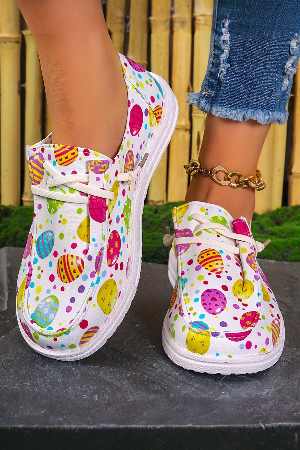Easter Eggs Printed Square Toe Slip On Canvas Flats Women's Shoes JT's Designer Fashion
