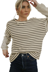 Black Striped Patchwork Loose Long Sleeve Tee Long Sleeve Tops JT's Designer Fashion
