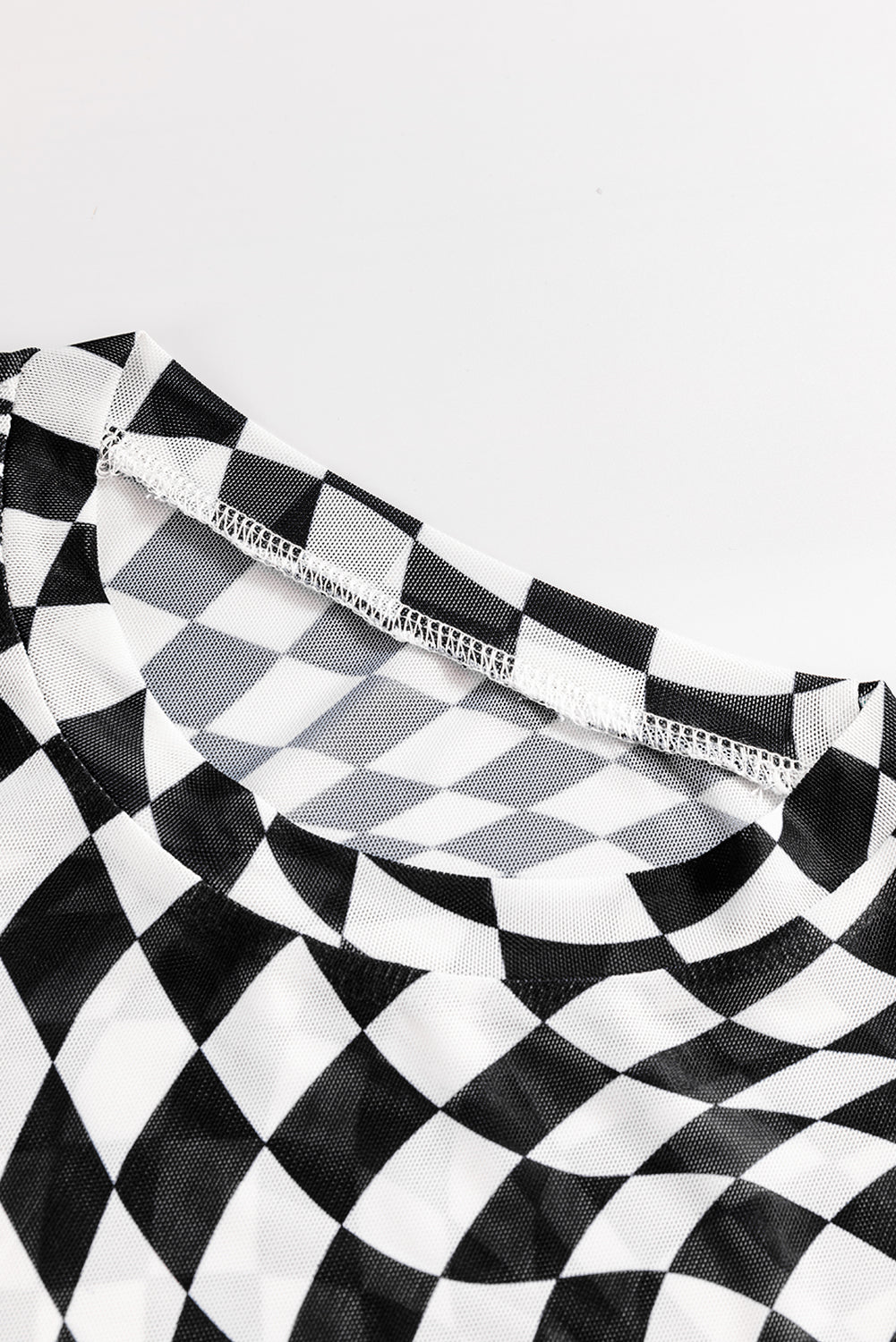 Black Checkered Pattern Mesh Mock Neck Long Sleeve Top Long Sleeve Tops JT's Designer Fashion