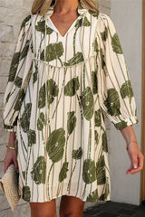 Guacamole Green Floral Striped Print Contrast Piping Puff Sleeve Dress Floral Dresses JT's Designer Fashion