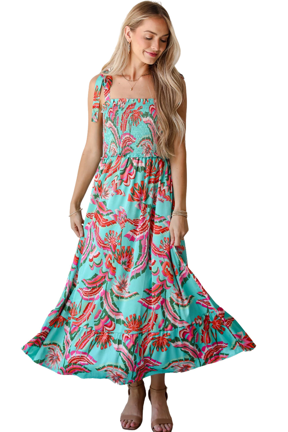 Green Abstract Print Smocked Bodice Knotted Straps Ruffled Long Dress Maxi Dresses JT's Designer Fashion
