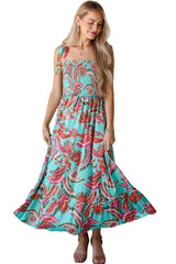 Green Abstract Print Smocked Bodice Knotted Straps Ruffled Long Dress Maxi Dresses JT's Designer Fashion