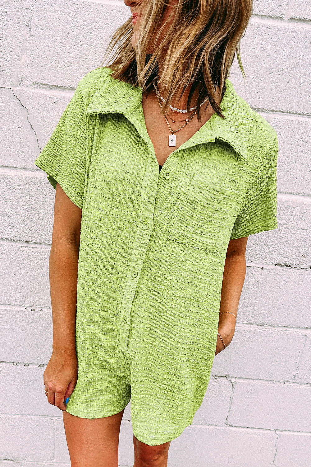 Meadow Mist Green Textured Short Sleeve Patched Pocket Buttoned Shirt Romper Jumpsuits & Rompers JT's Designer Fashion