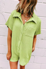Meadow Mist Green Textured Short Sleeve Patched Pocket Buttoned Shirt Romper Jumpsuits & Rompers JT's Designer Fashion