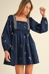 Blue Floral Embroidered Square Neck Puff Sleeve Ruffled Mini Dress Mini Dresses JT's Designer Fashion