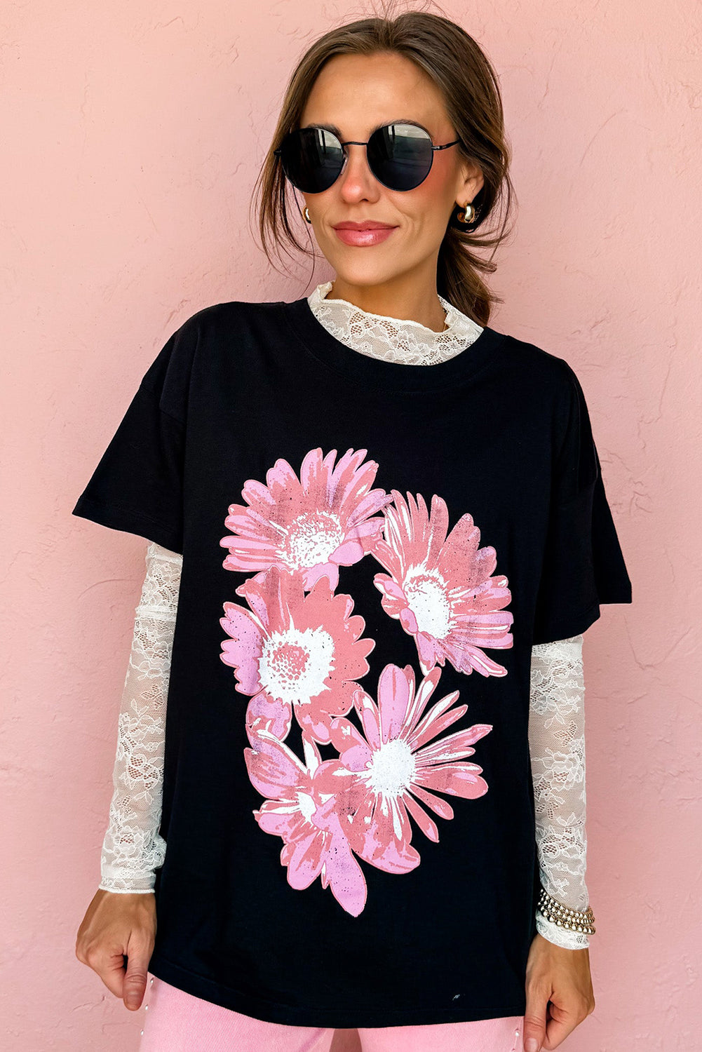 Black Pink Daisy Flower Printed Cotton Blend T Shirt Graphic Tees JT's Designer Fashion