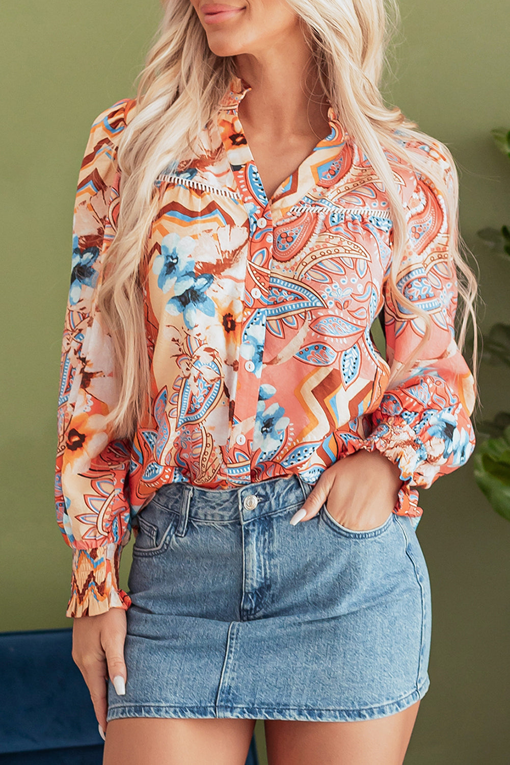 Orange Floral Print Shirred Cuff Buttoned Loose Shirt Blouses & Shirts JT's Designer Fashion