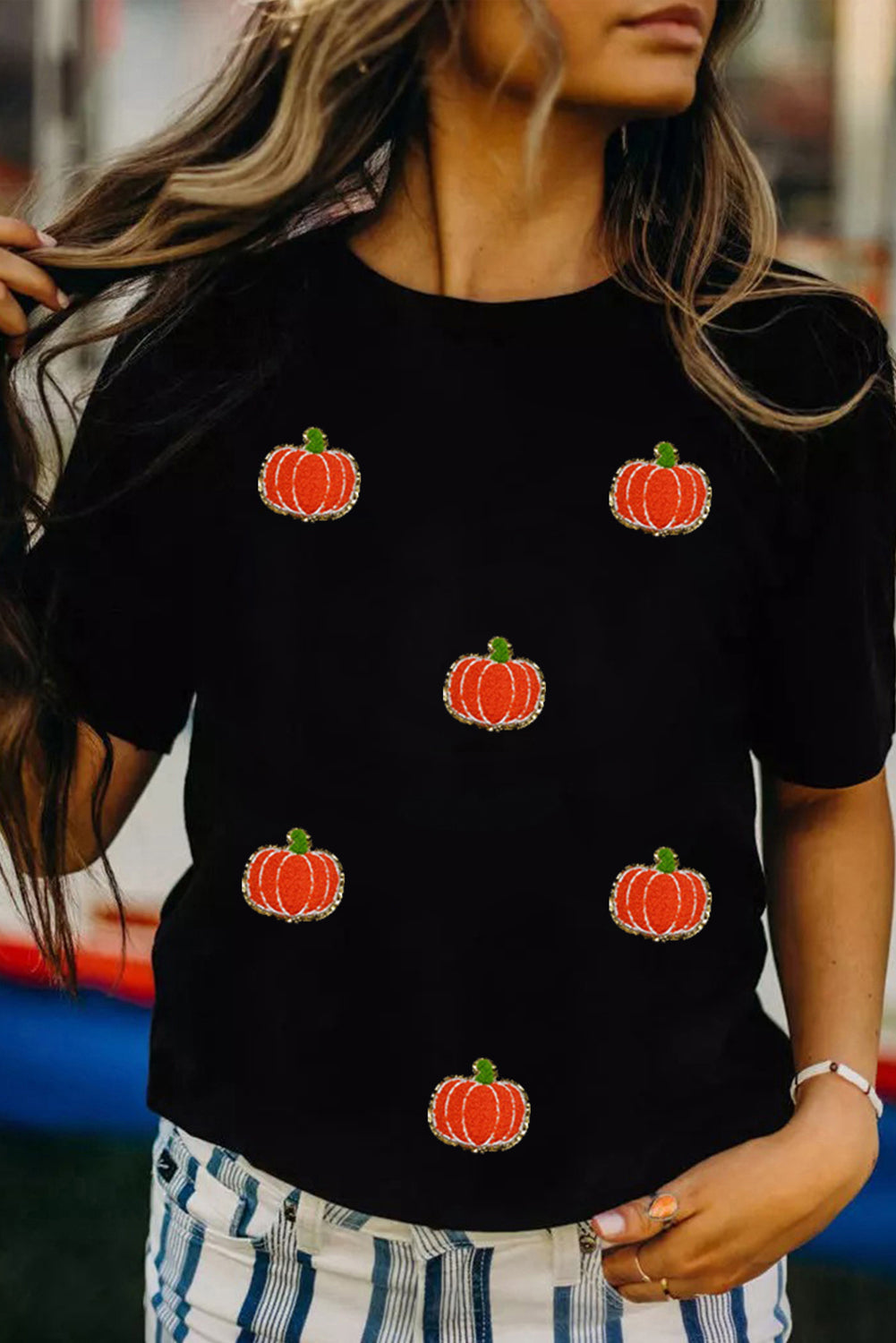 Black Chenille Pumpkin Patched Casual Cotton Blend T Shirt Graphic Tees JT's Designer Fashion