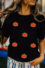 Black Chenille Pumpkin Patched Casual Cotton Blend T Shirt Graphic Tees JT's Designer Fashion