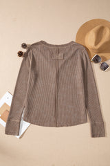 Coffee Acid Wash Waffle Knit Buttoned Neckline Long Sleeve Top Long Sleeve Tops JT's Designer Fashion